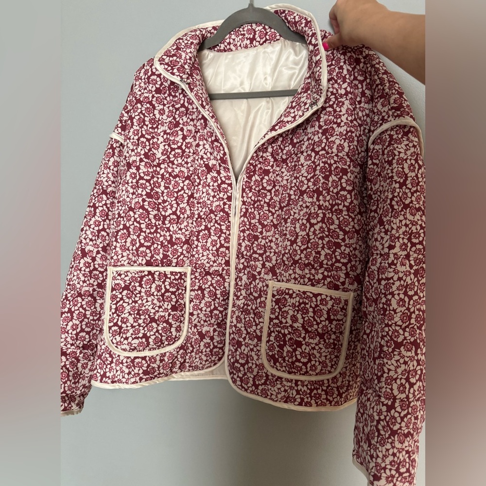 Floral Patterned Puffer Jacket - Burgundy and White